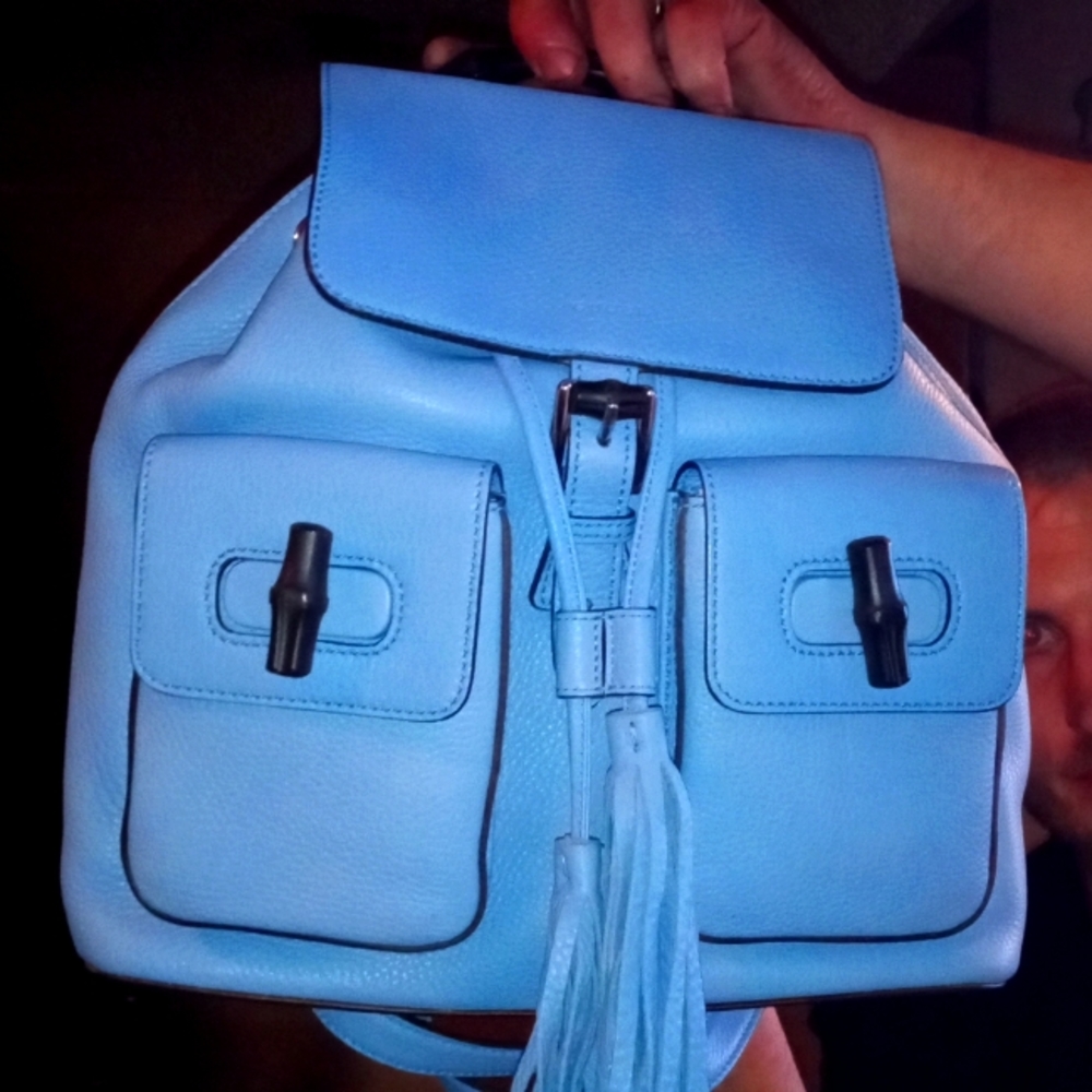 Gucci Calfskin Medium Bamboo Backpack Blue Jeans
